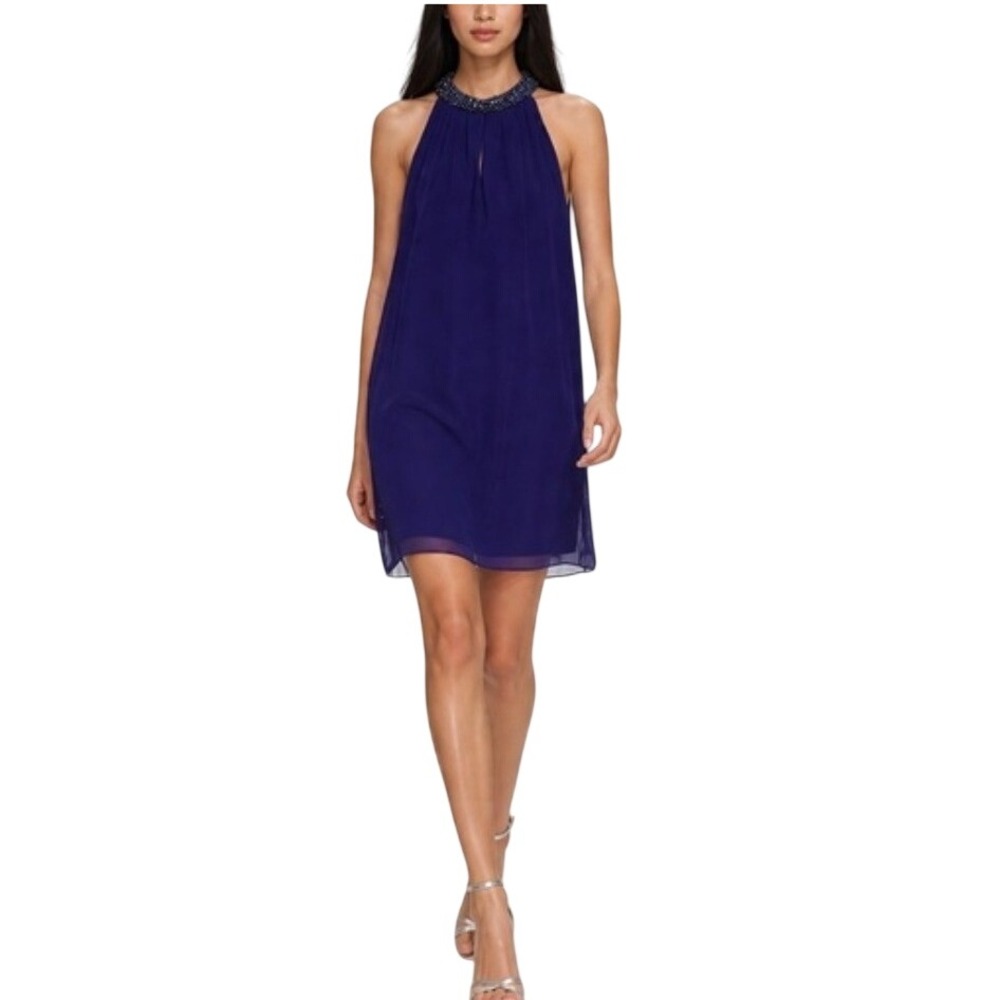 Diane von Furstenberg DVF Navy Blue Beaded Halter Silk Mini Dress Size 8 PRETTY